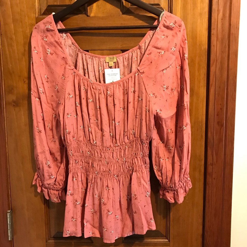NWT True Craft. Pink Floral Boho Peasant Blouse SM